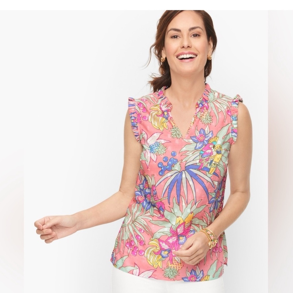 Talbots Tropical Floral Bird Print Ruffle Sleeve XL Pink Resort Cotton